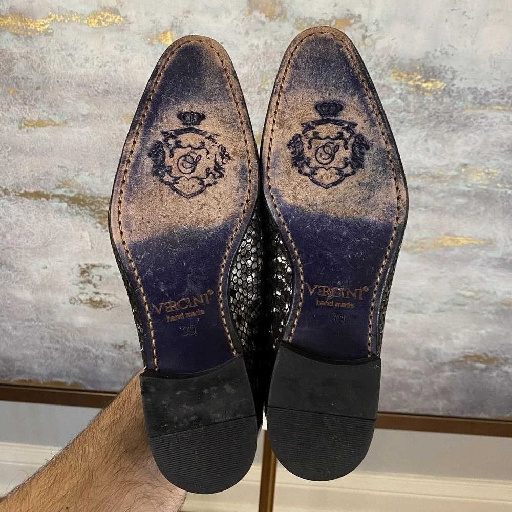 Vercini Shoes Mens Size 6.5 Silver Sequin Leather Monk Strap Dress Loafers